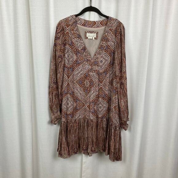 Anthropologie Brown Print Sabia Flounced Tunic Dress Sz.M - Picture 5 of 16